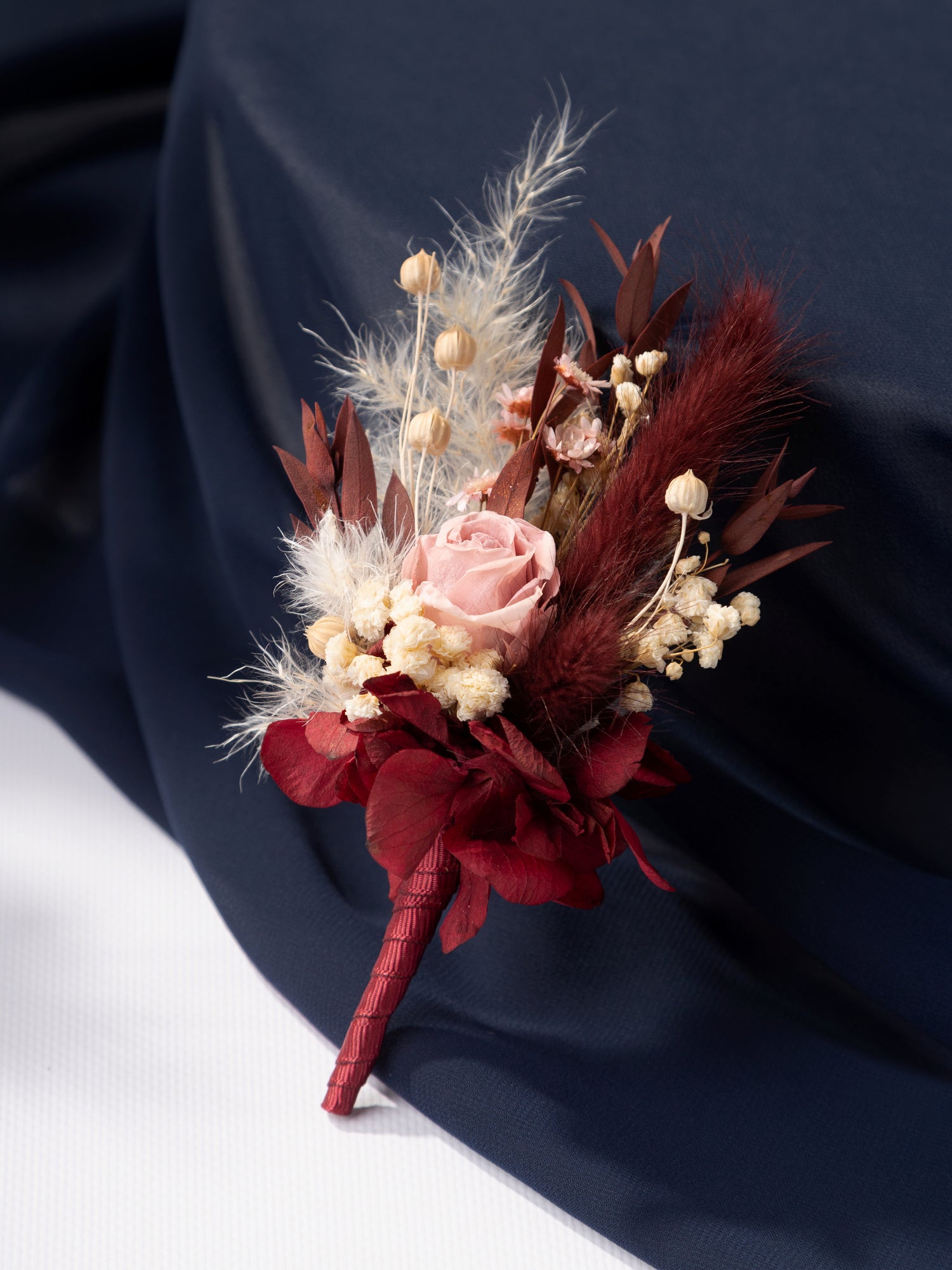 Dried Flower Boutonniere Burgundy With Dusty Rose