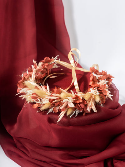 Dried Flower Crown With Dusty Rose Flowers, Pampas Grass, And Eucalyptus