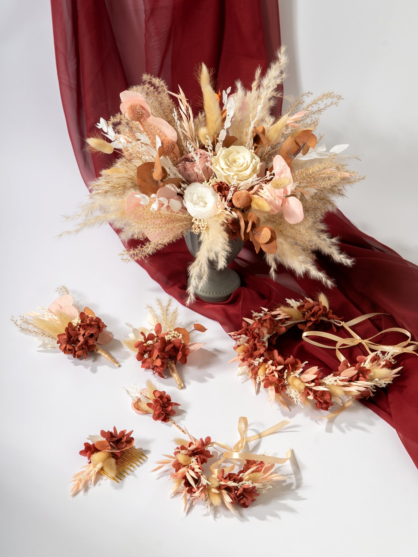 Dried Flower Crown With Dusty Rose Flowers, Pampas Grass, And Eucalyptus