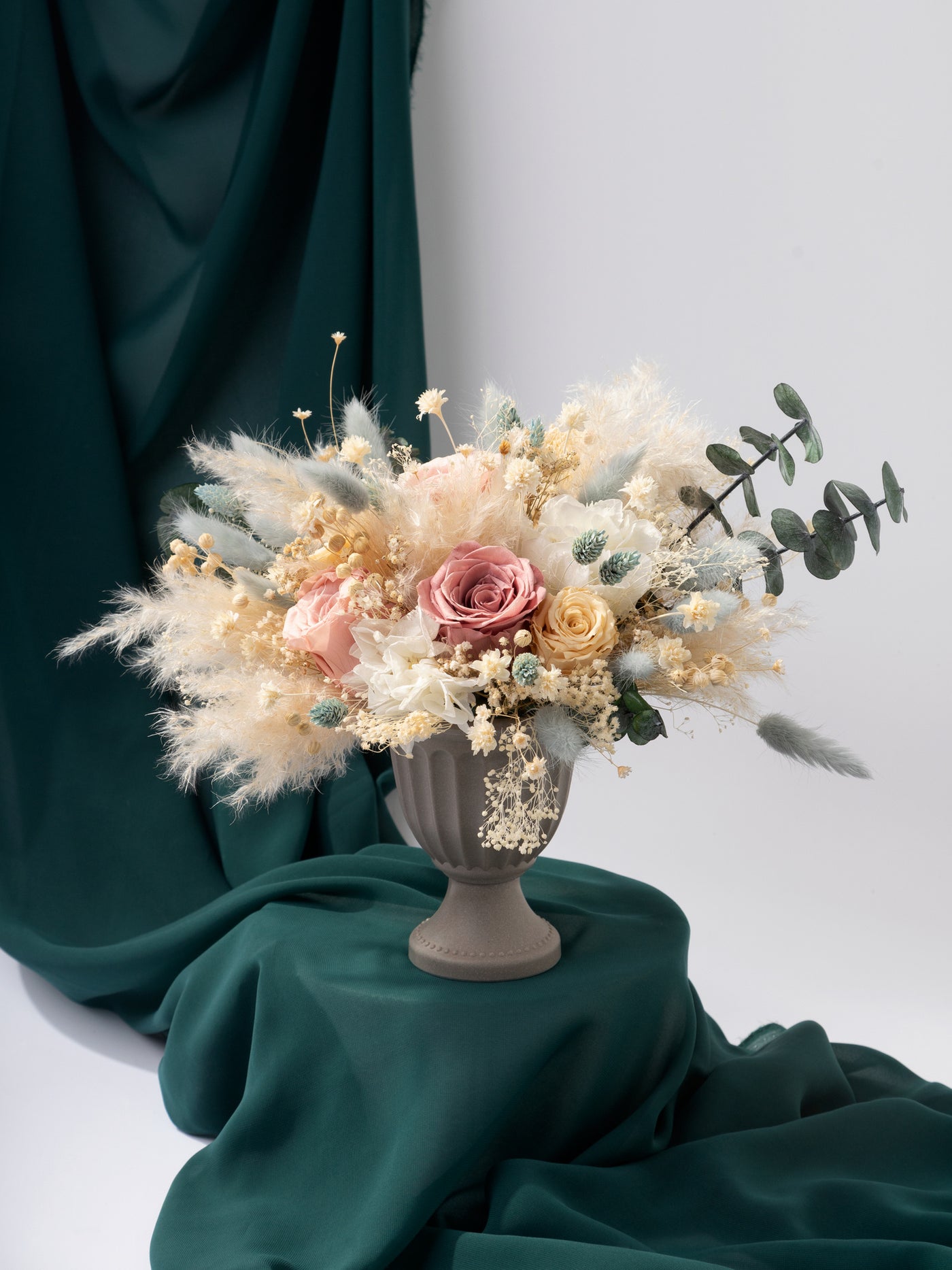 Centerpiece With Dusty Roses, Pampas Grass And Navy Dried Flowers