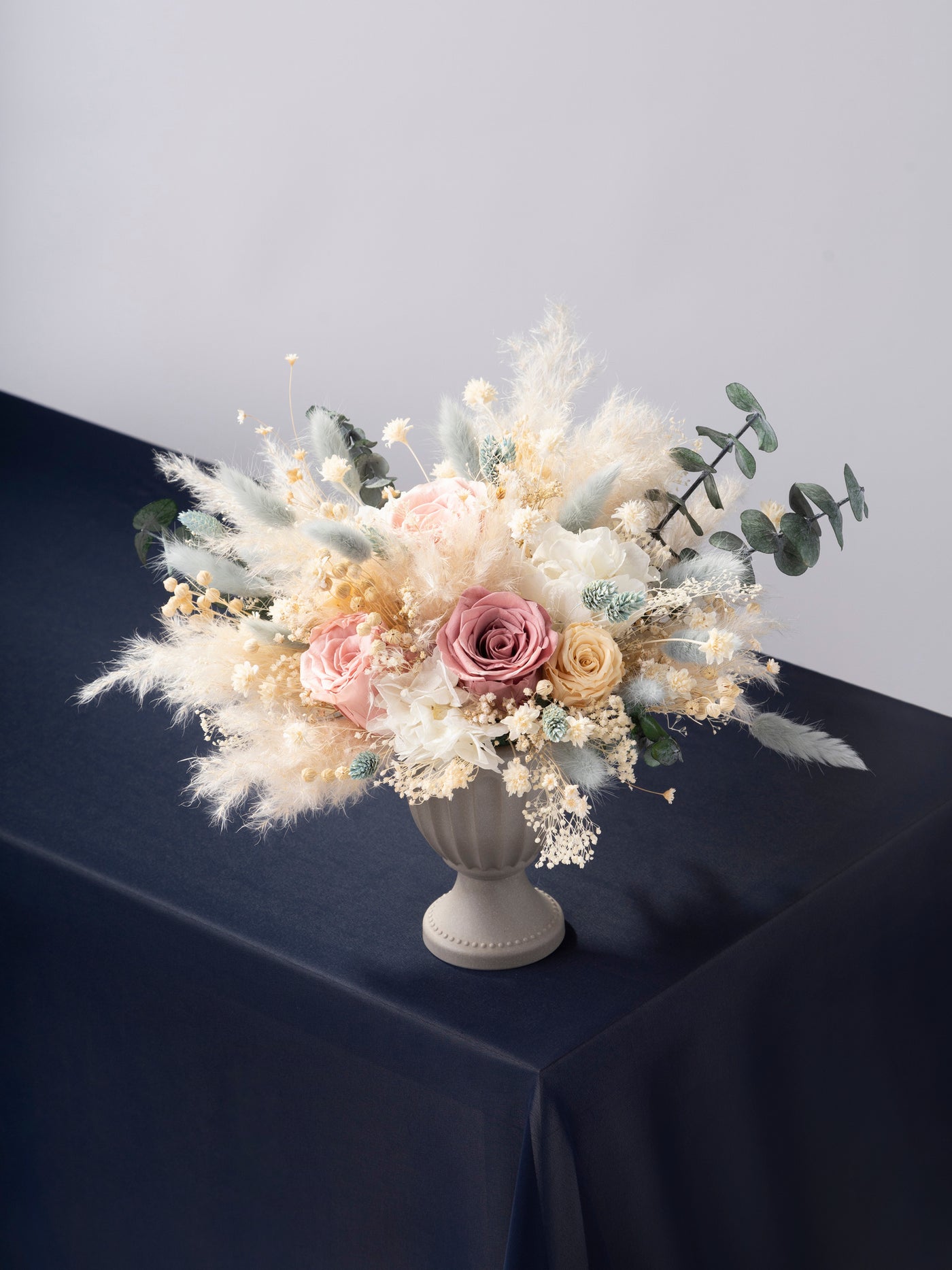 Centerpiece With Dusty Roses, Pampas Grass And Navy Dried Flowers