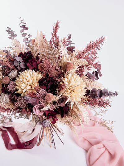 Bridal burgundy bouquet with dusty flowers for your marriage ceremony