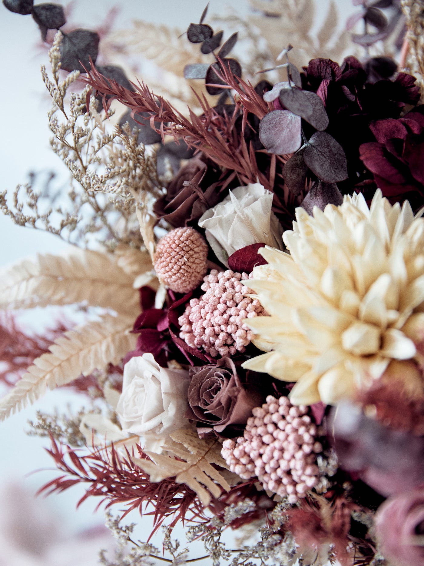 Bridal burgundy bouquet with dusty flowers for your marriage ceremony