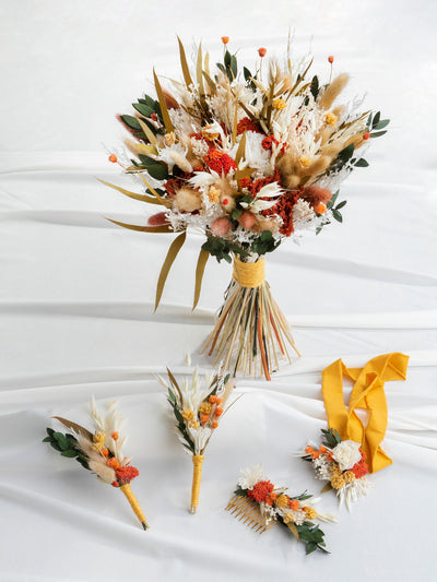 Boho Bridal Bouquet With Terracota And Yellow Flowers