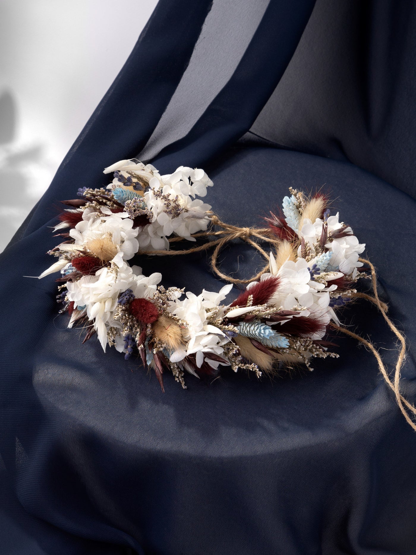 Dried Flower Crown With A Beige And Navy Rustic Flower Of Roses