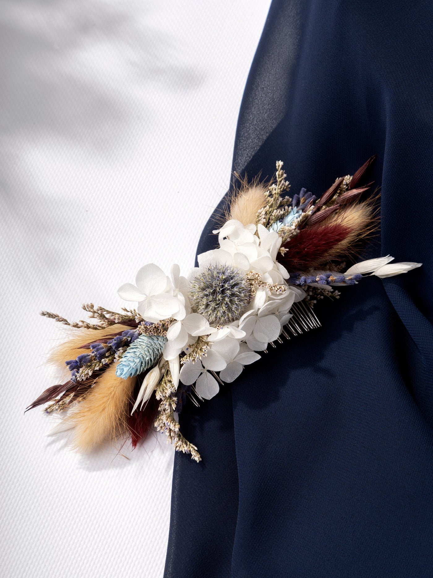 Hair Comb With A Beige And Navy Rustic Flower Of Roses