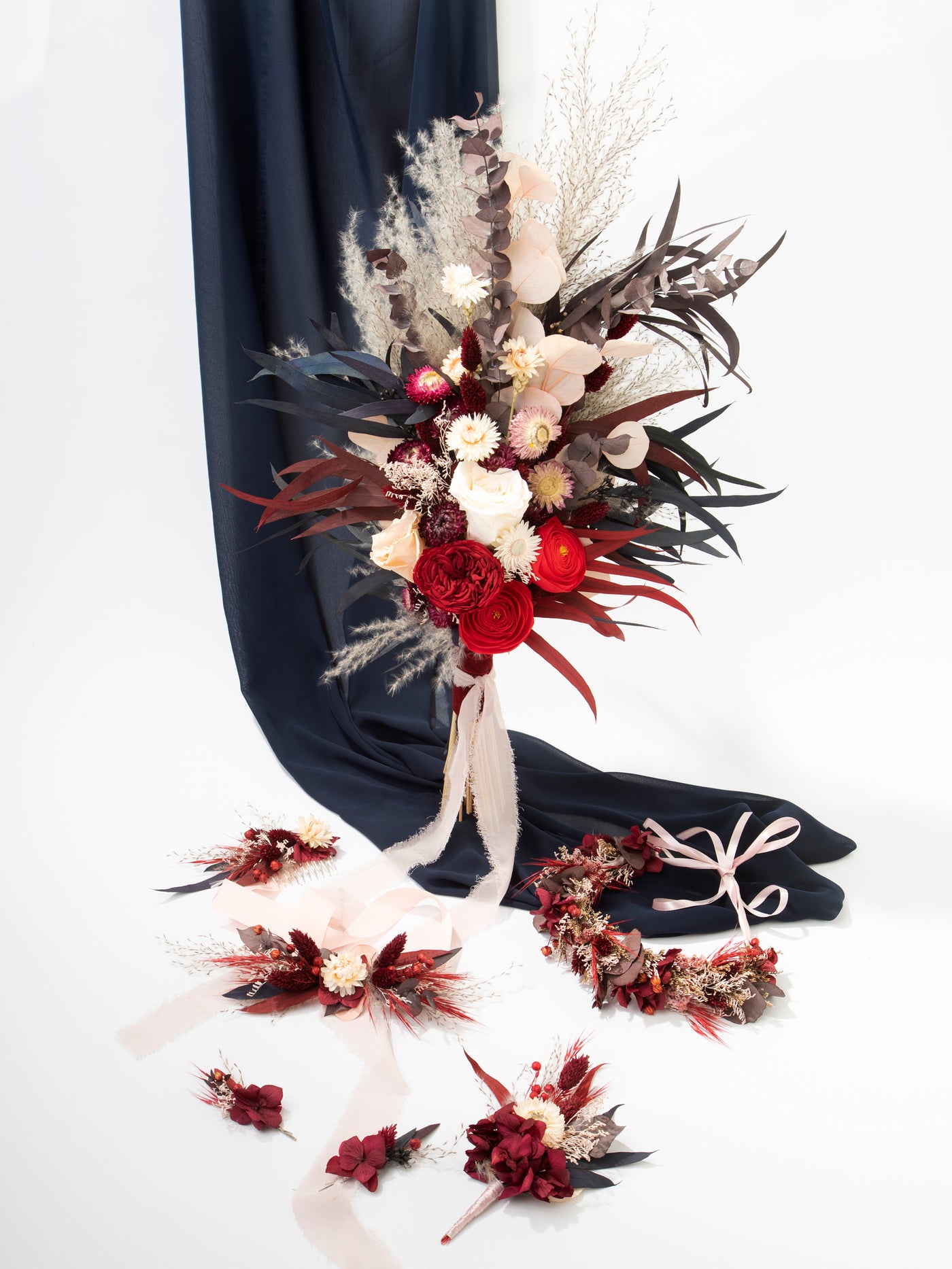 Red And Burgundy Dried Flower Crowns With Dusty Flowers