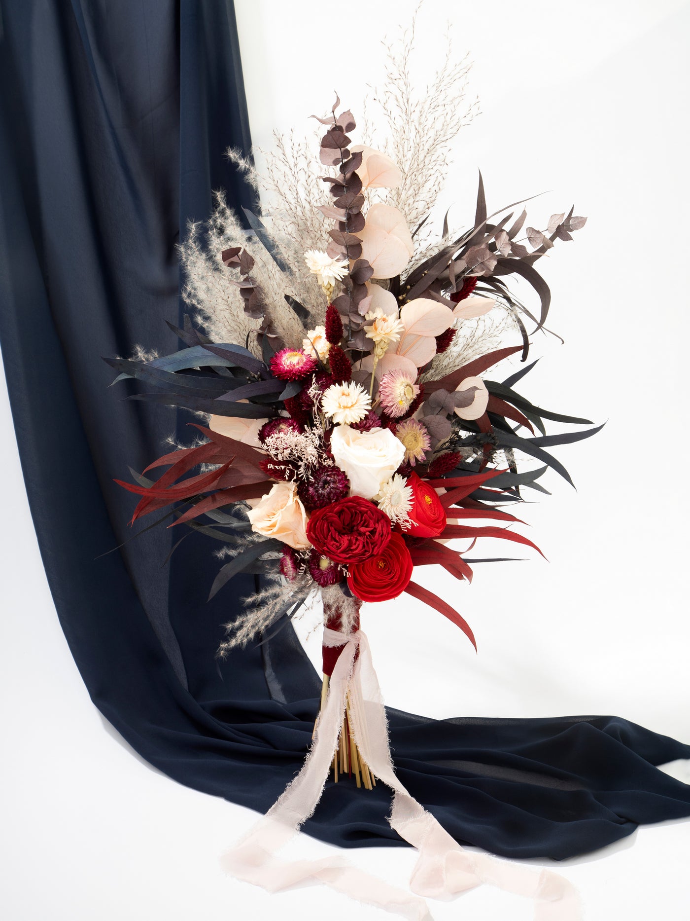 Red And Burgundy Bridal Bouquet With Dusty Flowers