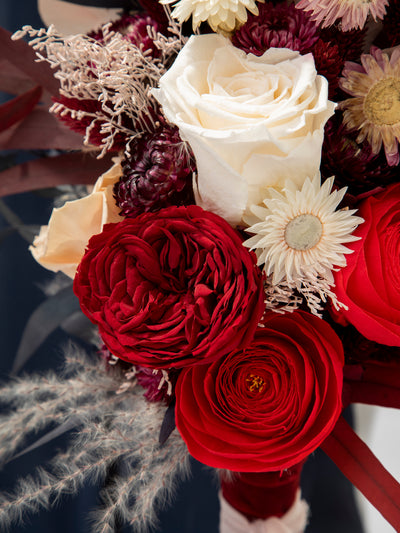 Red And Burgundy Bridal Bouquet With Dusty Flowers