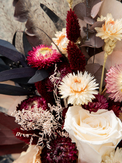 Red And Burgundy Bridal Bouquet With Dusty Flowers