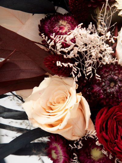 Red And Burgundy Bridal Bouquet With Dusty Flowers