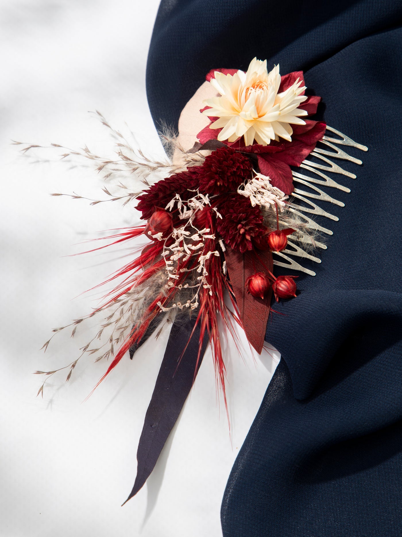 Red And Burgundy Hair Combs With Dusty Flowers