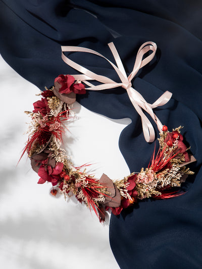 Red And Burgundy Dried Flower Crowns With Dusty Flowers