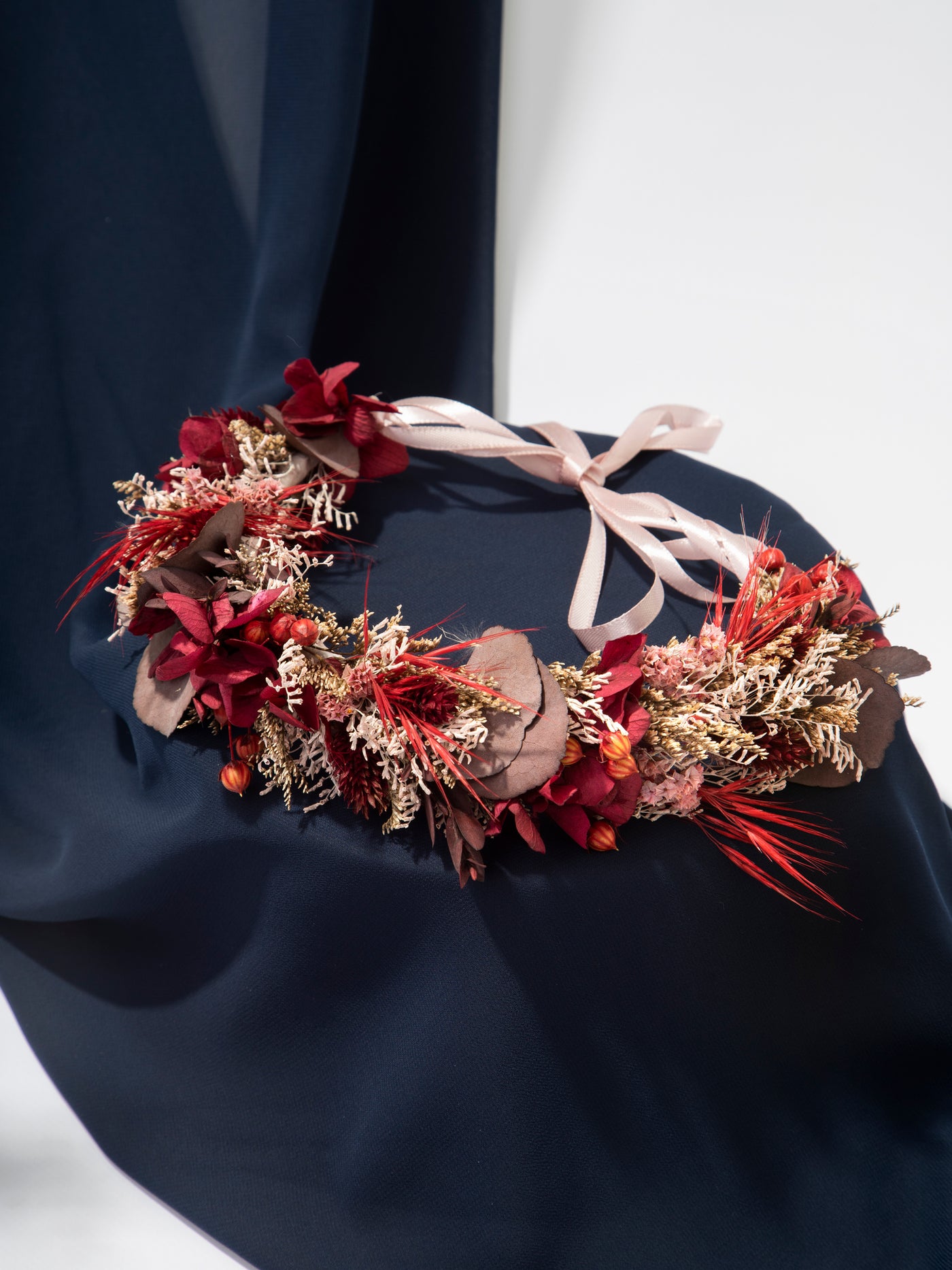 Red And Burgundy Dried Flower Crowns With Dusty Flowers