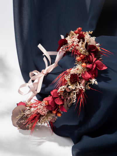 Red And Burgundy Dried Flower Crowns With Dusty Flowers