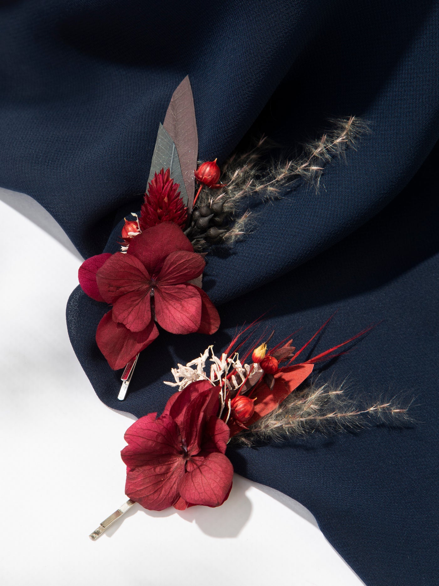 Red And Burgundy Bobby Pins With Dusty Flowers