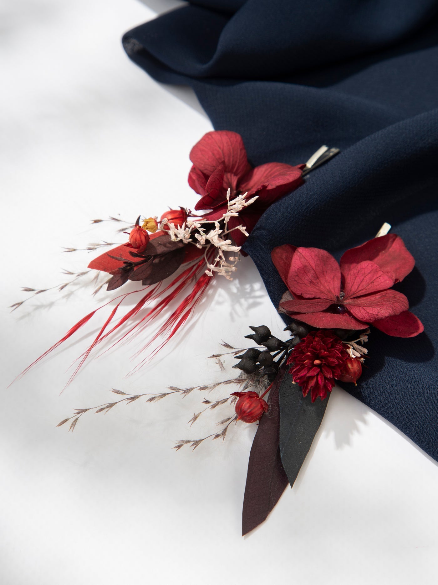 Red And Burgundy Bobby Pins With Dusty Flowers