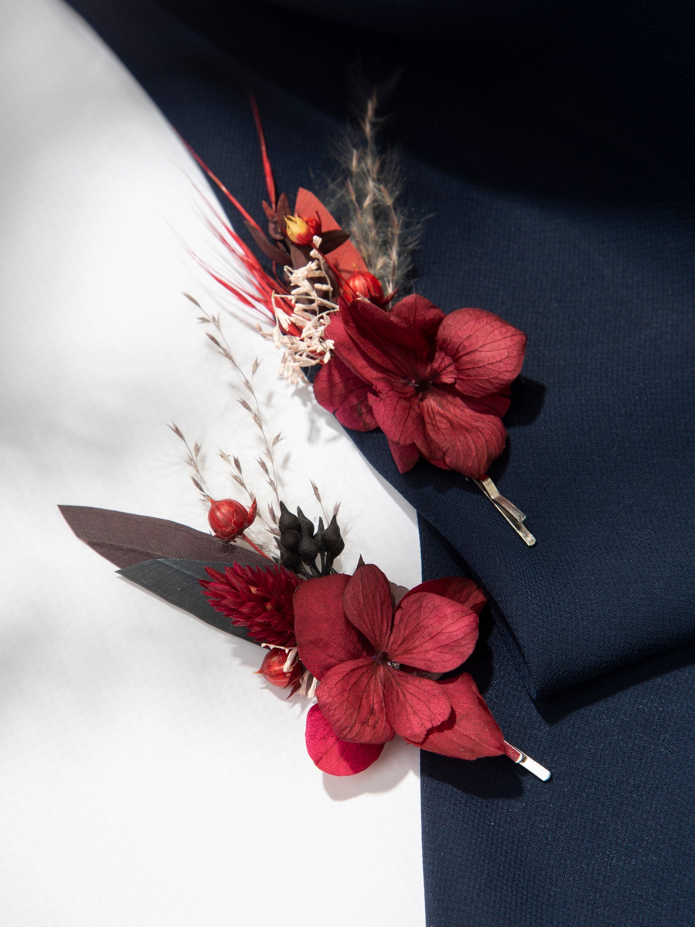 Red And Burgundy Bobby Pins With Dusty Flowers