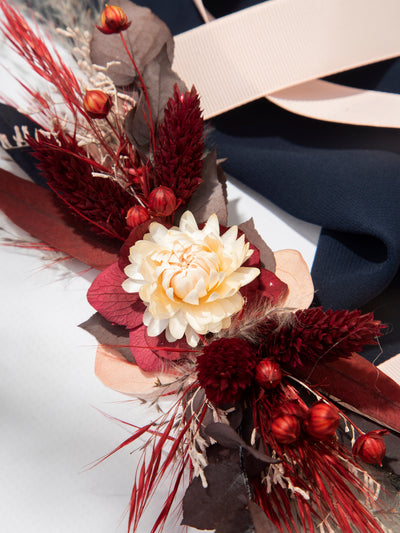 Red And Burgundy Wrist Corsage With Dusty Flowers