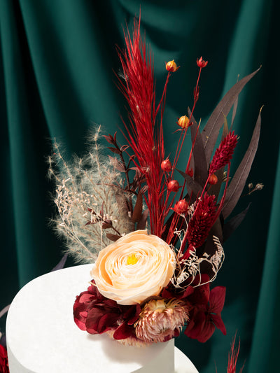 Red And Burgundy Cake Toppers With Dusty Flowers