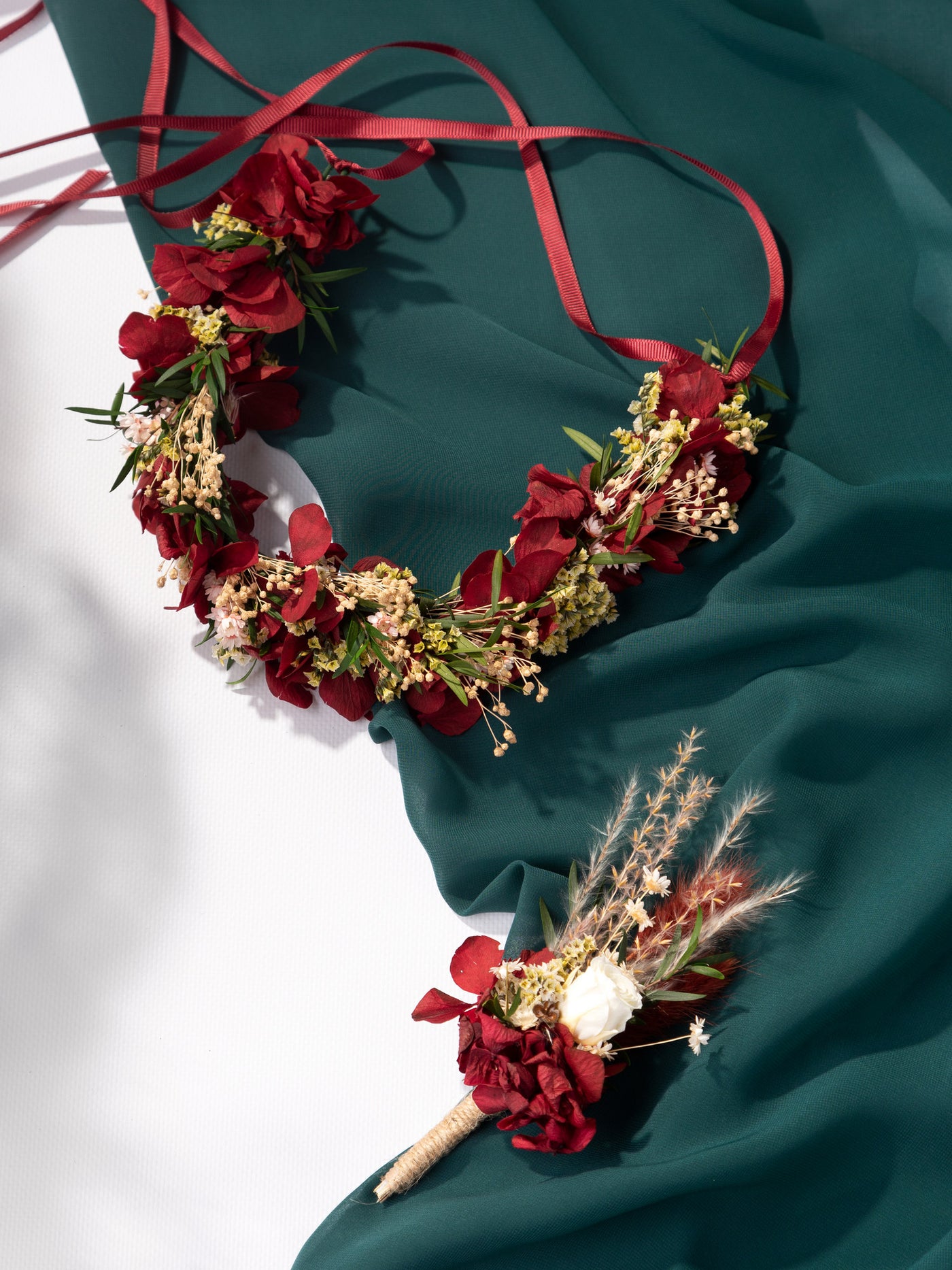 Dried Flower Crown With Romantic Marsala Dusty Rose And Hydrangea