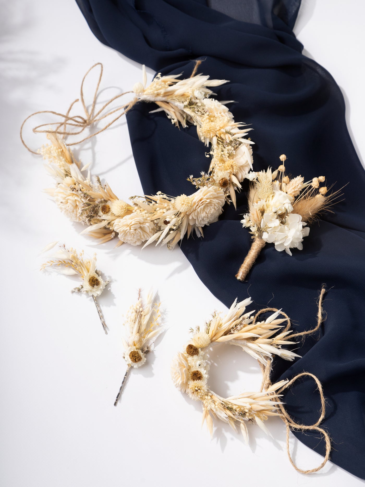 Dried Flower Boutonniere With Cream Dried Limoium, Eryngium Flower And Ammobium