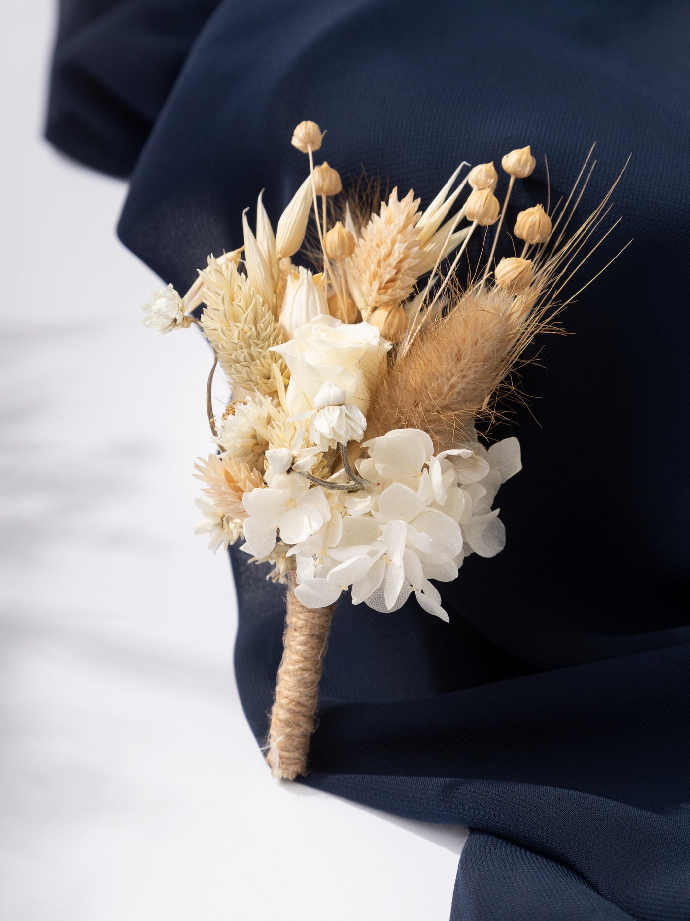 Dried Flower Boutonniere With Cream Dried Limoium, Eryngium Flower And Ammobium