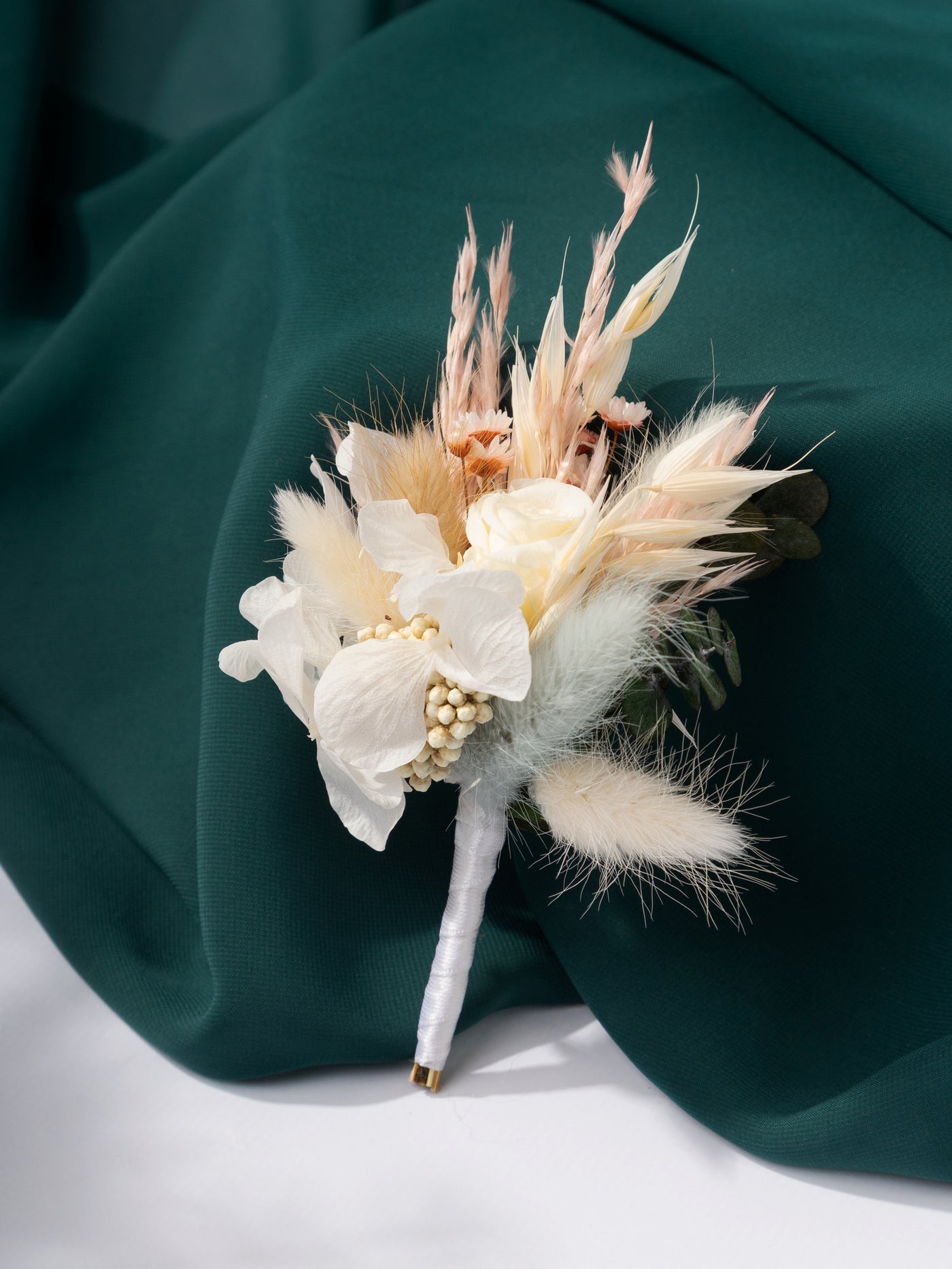 Dried Flower Boutonniere With Dusty Roses, Pampas Grass And Navy Color