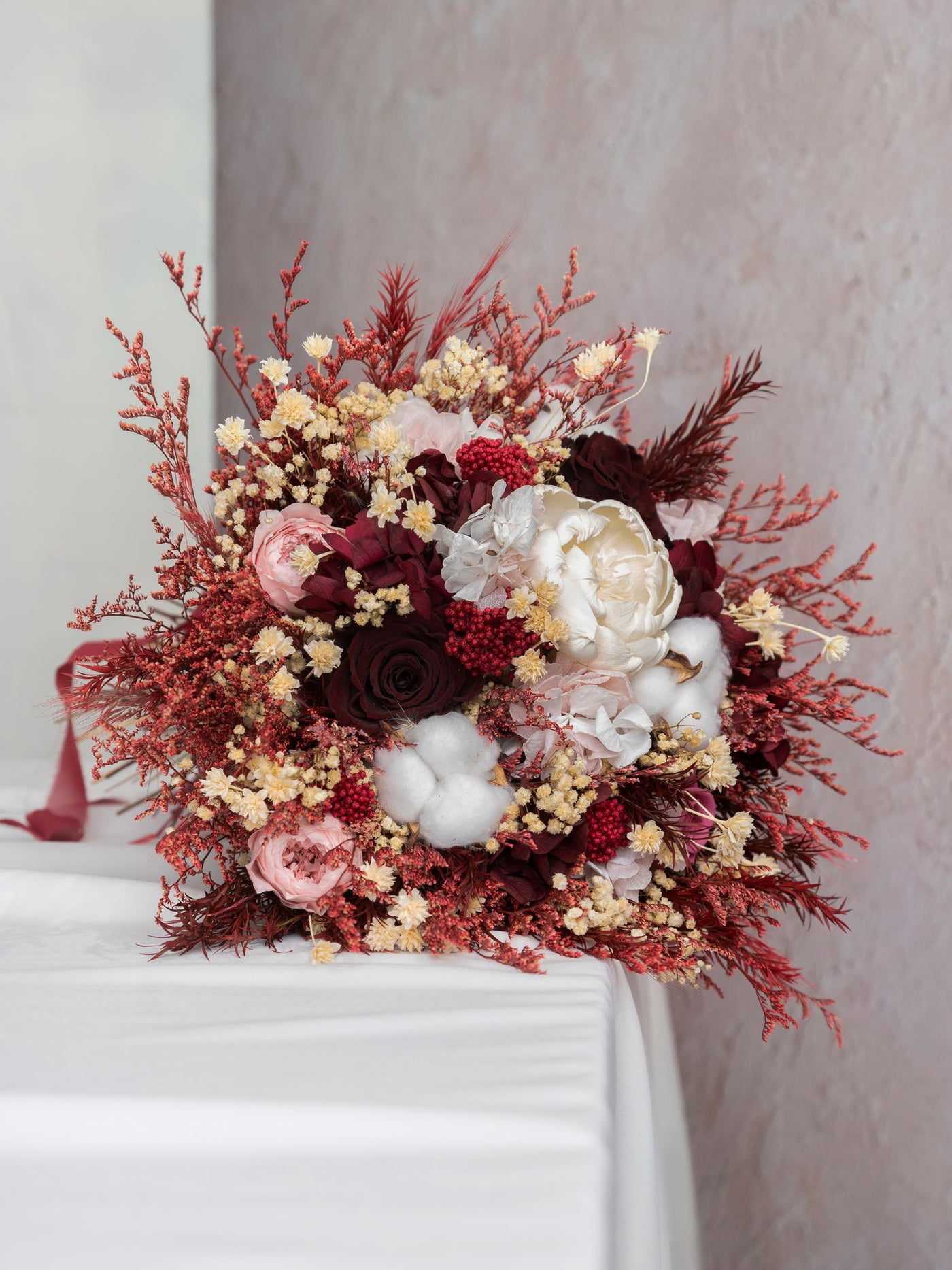 Maroon wedding classic bouquet with preserved flowers