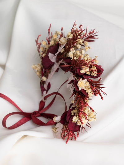 Maroon Wedding Wrist Corsage With Preserved Flowers