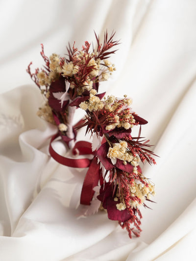 Maroon Wedding Wrist Corsage With Preserved Flowers