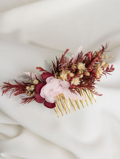 Maroon Wedding Hair Comb With Preserved Flowers