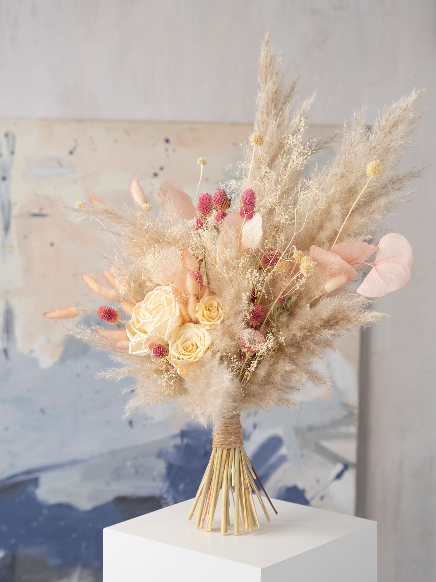 Light pink and beige pampas’s grass bridal bouquet