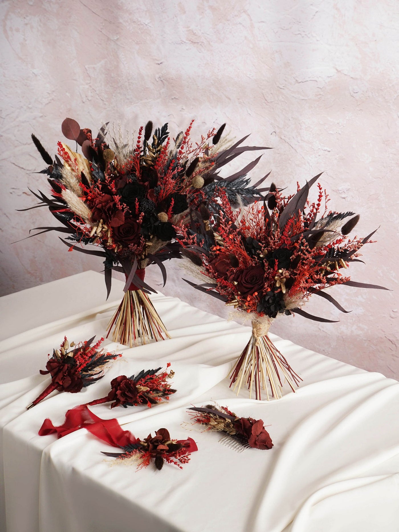 Romantic Marsala Wedding Bouquet With Black And Red Shades