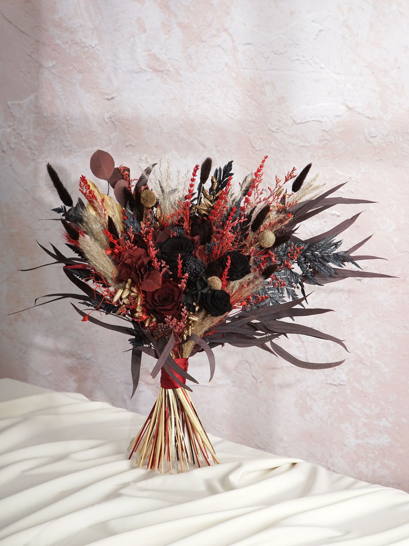 Romantic Marsala Wedding Bouquet With Black And Red Shades