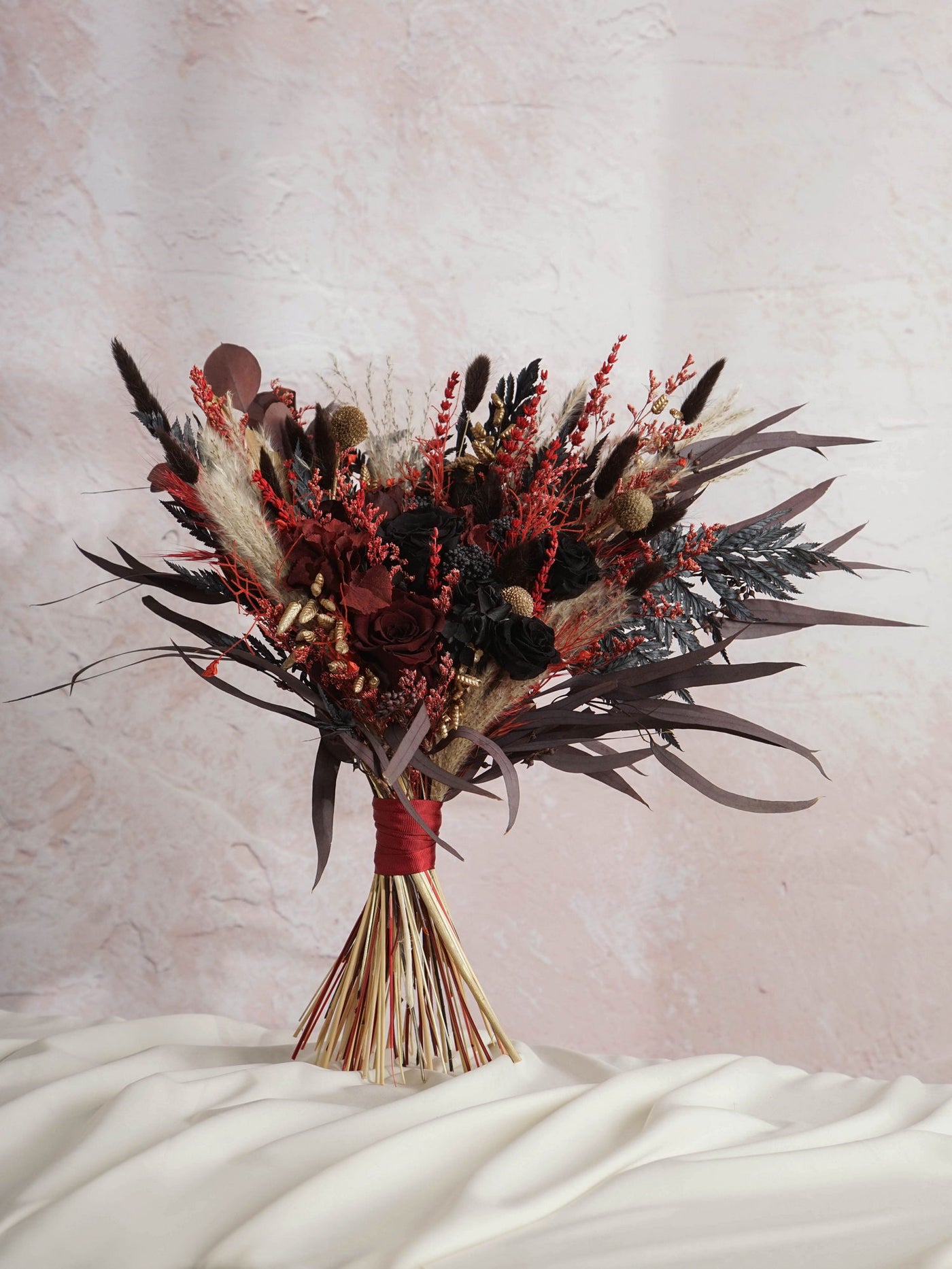 Romantic Marsala Wedding Bouquet With Black And Red Shades