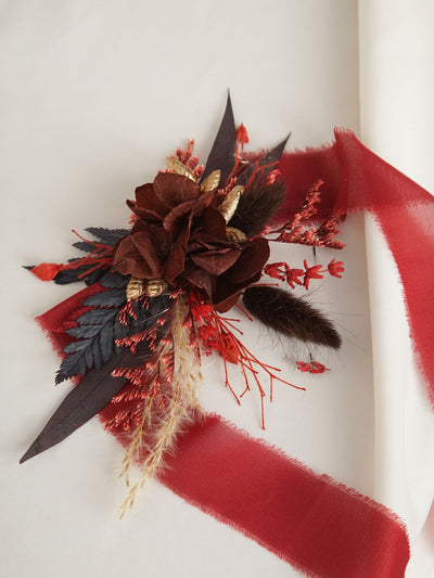 Romantic Marsala Wrist Corsages With Black And Red Shades