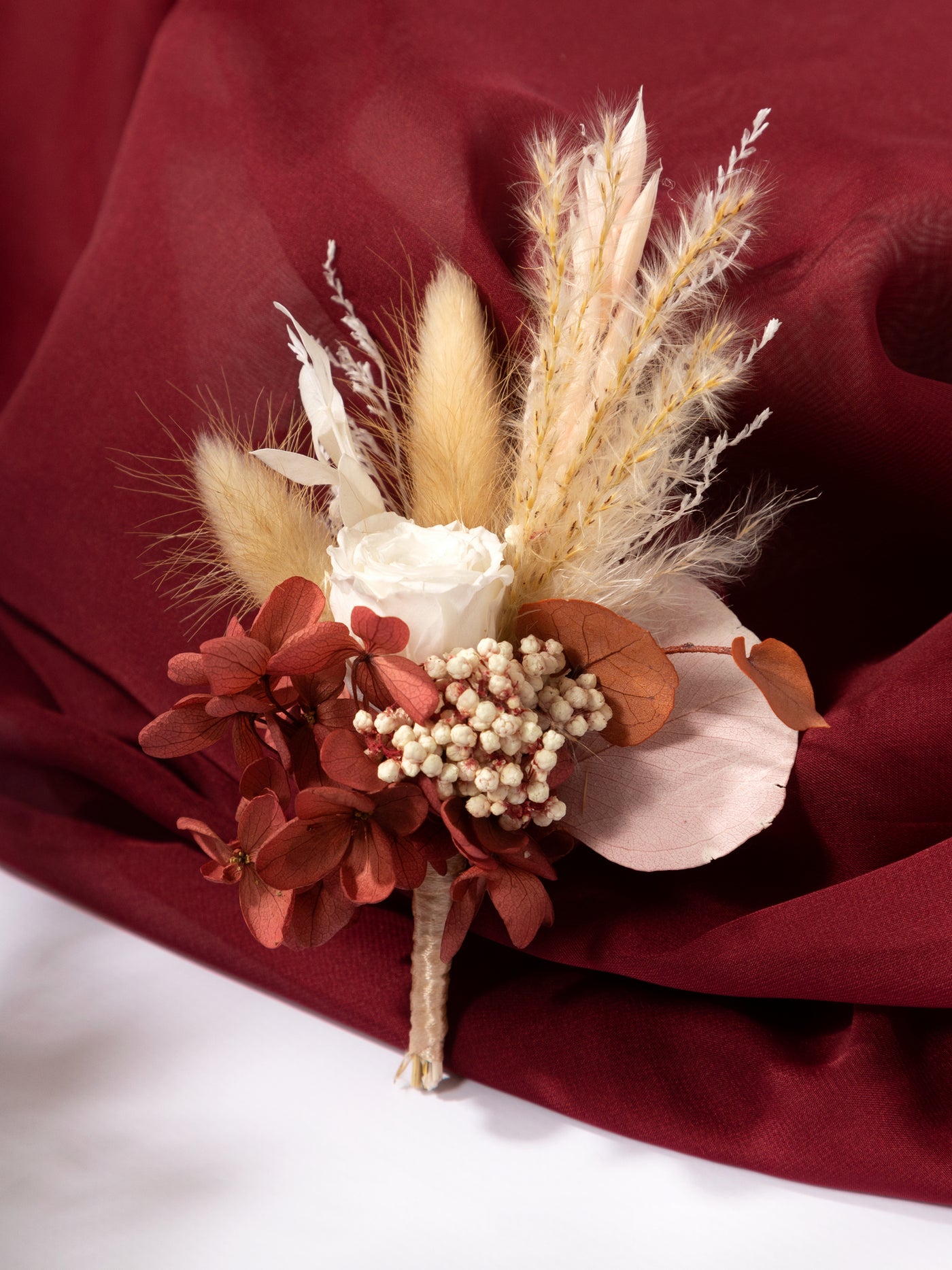 Dried Flower Boutonniere With Rose, Pampas Grass, And Eucalyptus