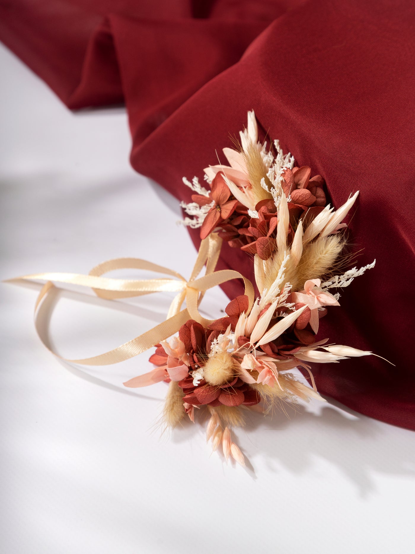 Dried Flower Corsage With Dusty Rose Flowers, Pampas Grass, And Eucalyptus