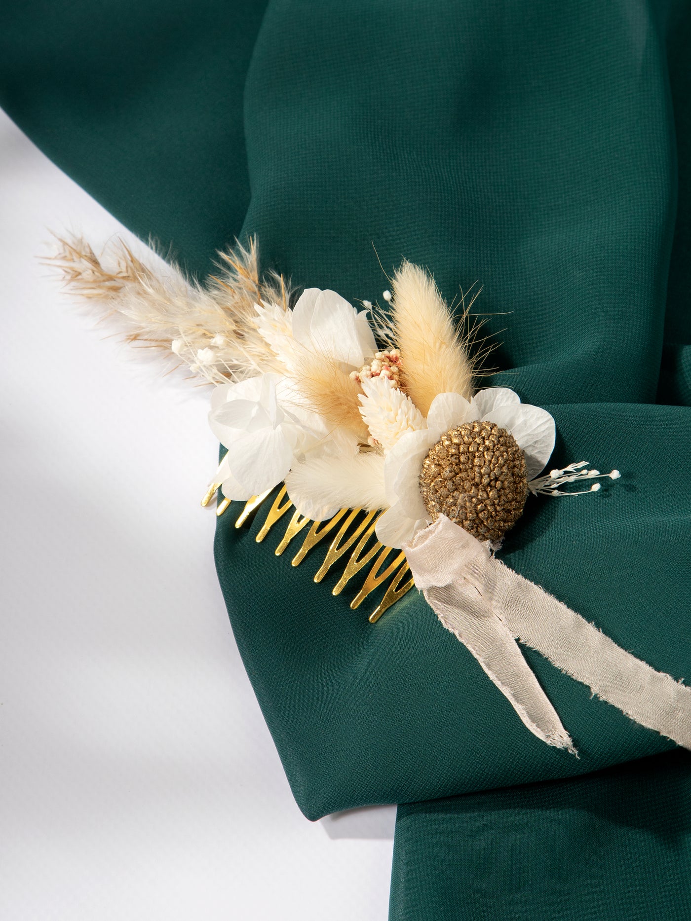 Hair comb with white, beige dried flowers for bride on rustic wedding