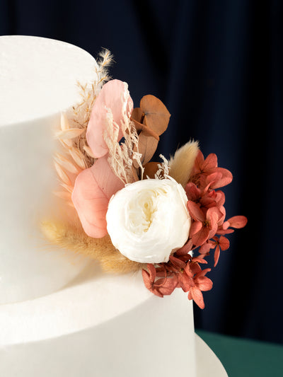 Cake Topper With Dusty Rose Flowers, Pampas Grass, And Eucalyptus