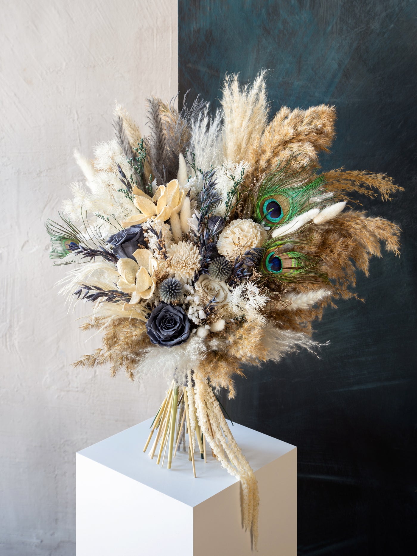 Dusty blue feather boho bouquet