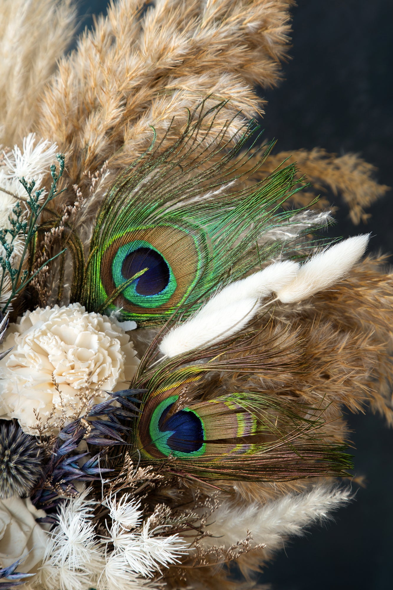 Dusty blue feather boho bouquet