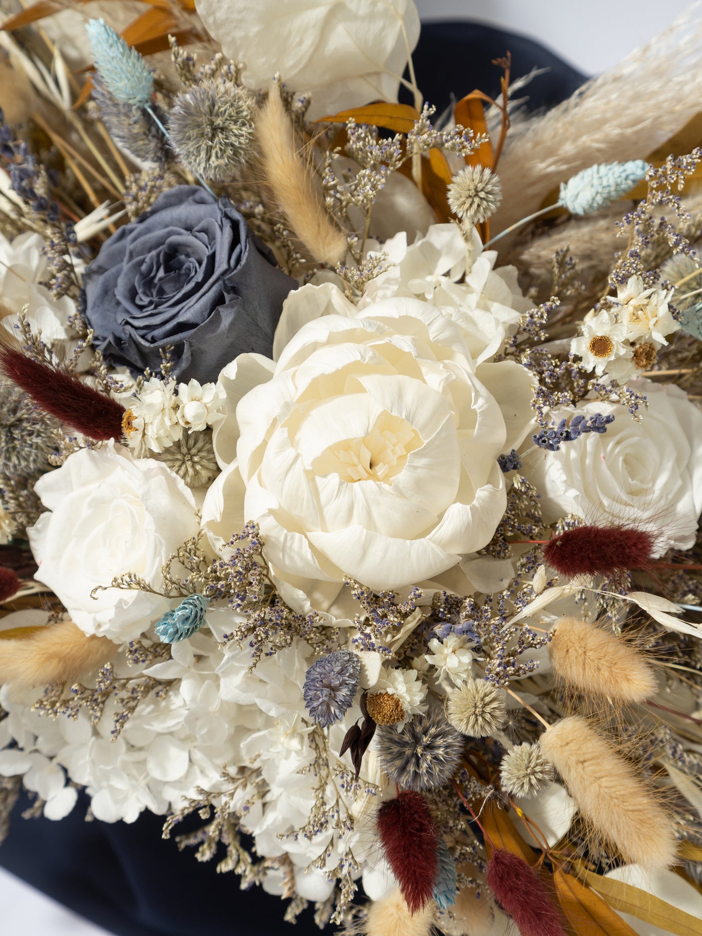 Wedding Table Top With A Beige And Navy Rustic Flower Of Roses