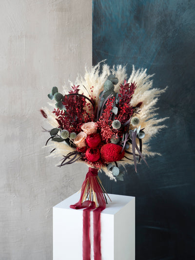 Greenery and red peony wedding bouquet