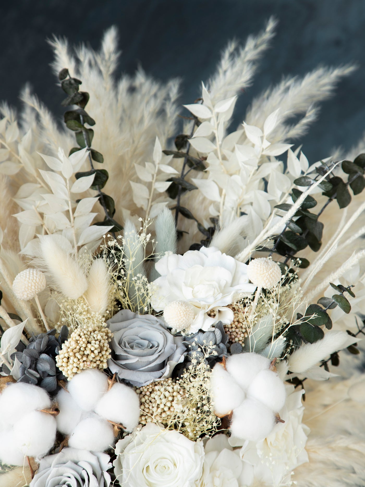 Navy blue, greenery and white boho bouquet