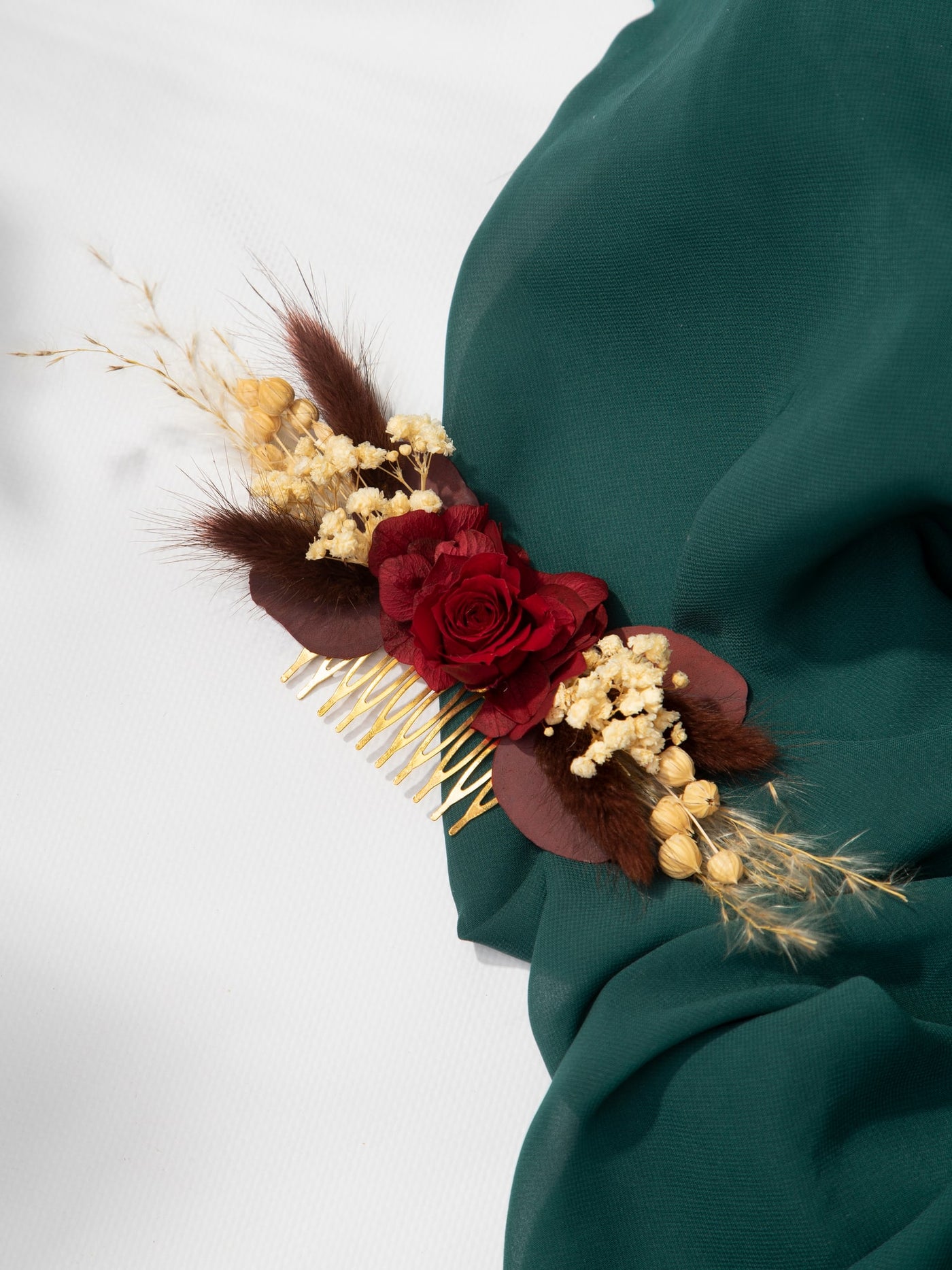 Hair Comb With A Dried Marsala Flowers