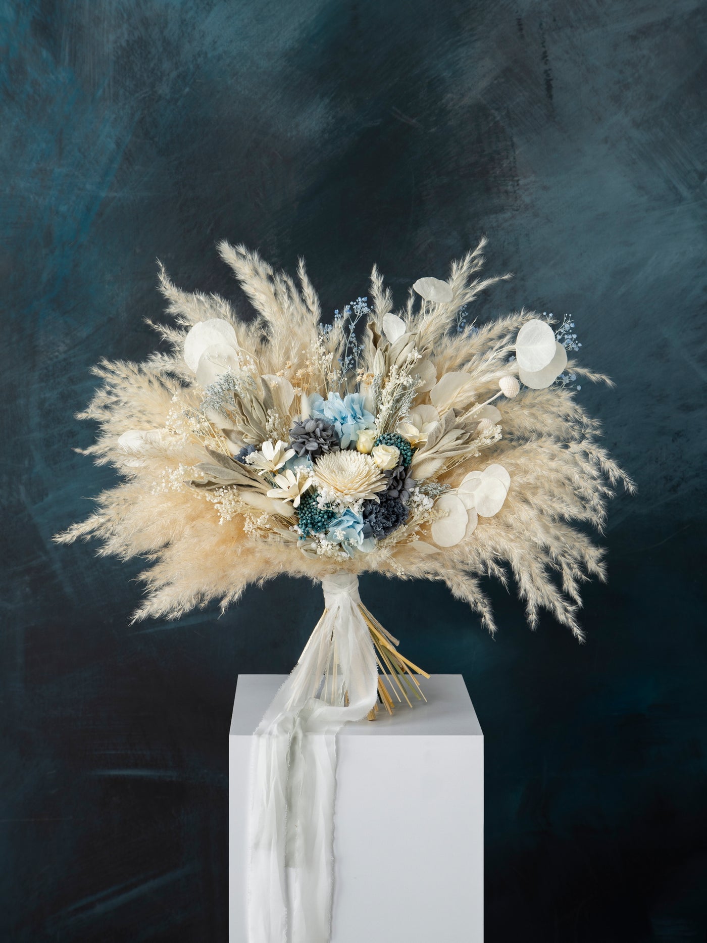 Boho navy blue white chrysanthemum wedding bouquet