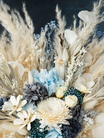 Boho navy blue white chrysanthemum wedding bouquet