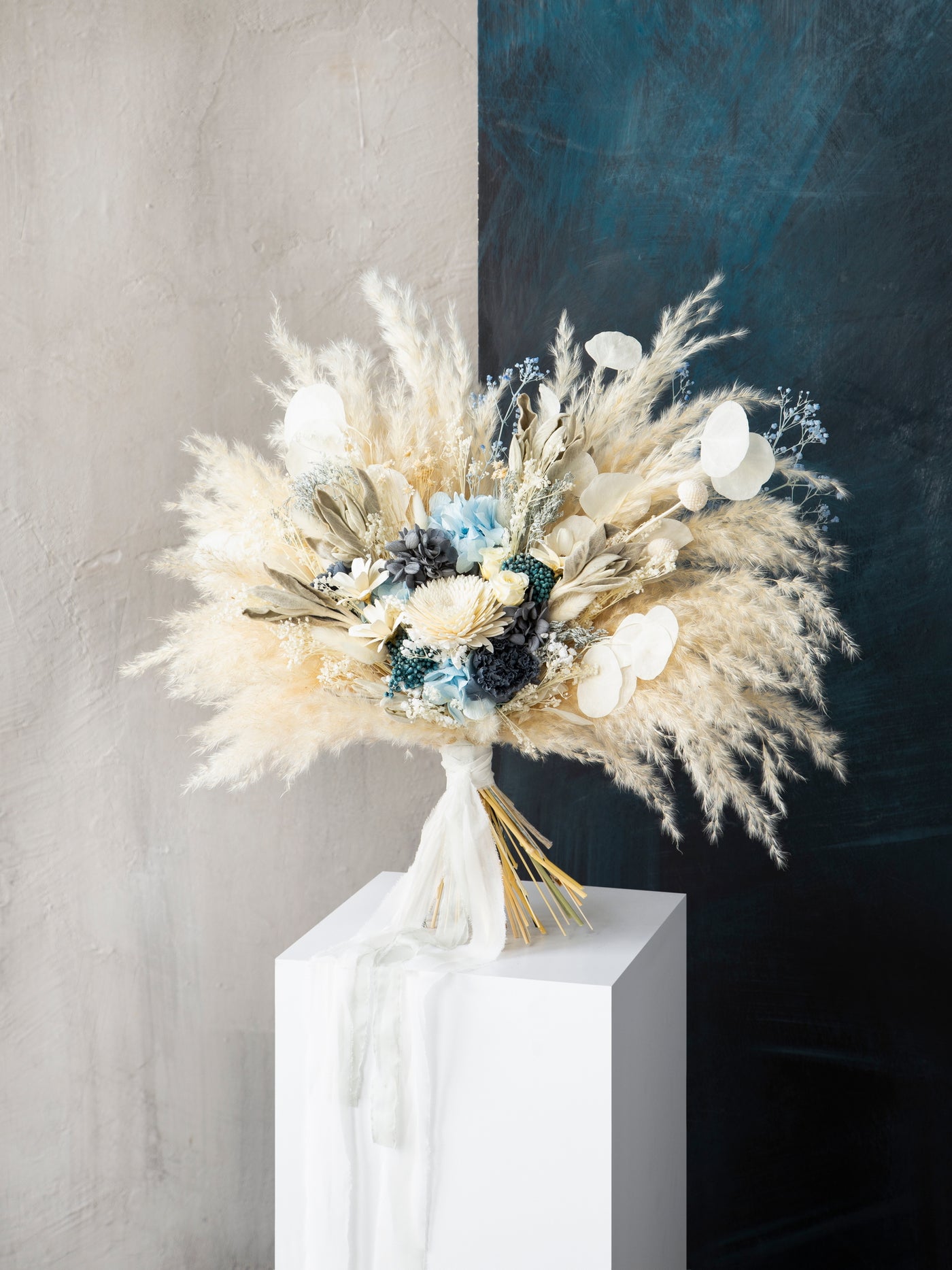 Boho navy blue white chrysanthemum wedding bouquet